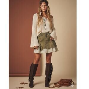 Free People Skirt Womens 28 Olive Green Y2K High Waisted Distressed Flare Mini